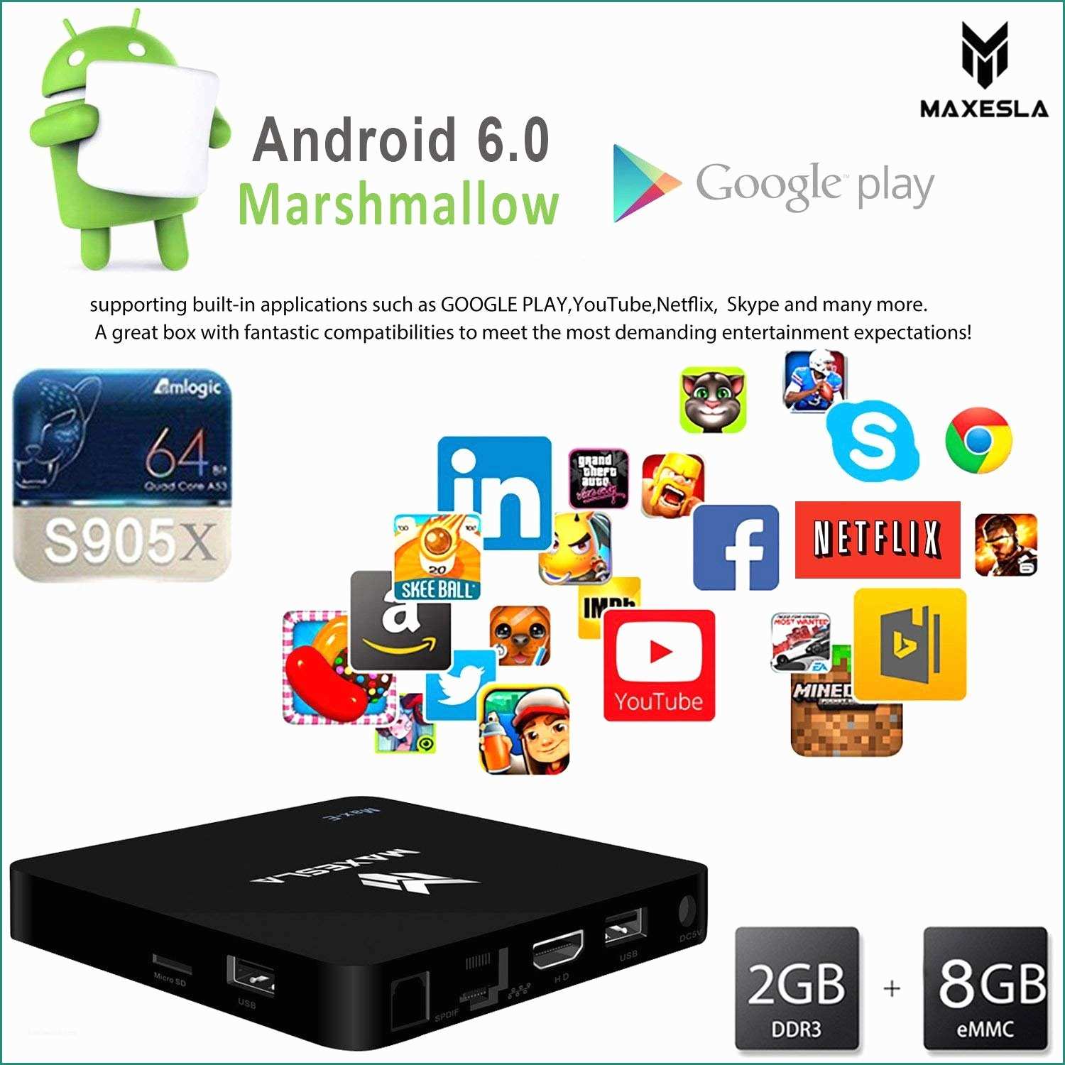 Maxesla Max E 4K Android TV Box 2GB 8GB Quad Core Amlogic S905X